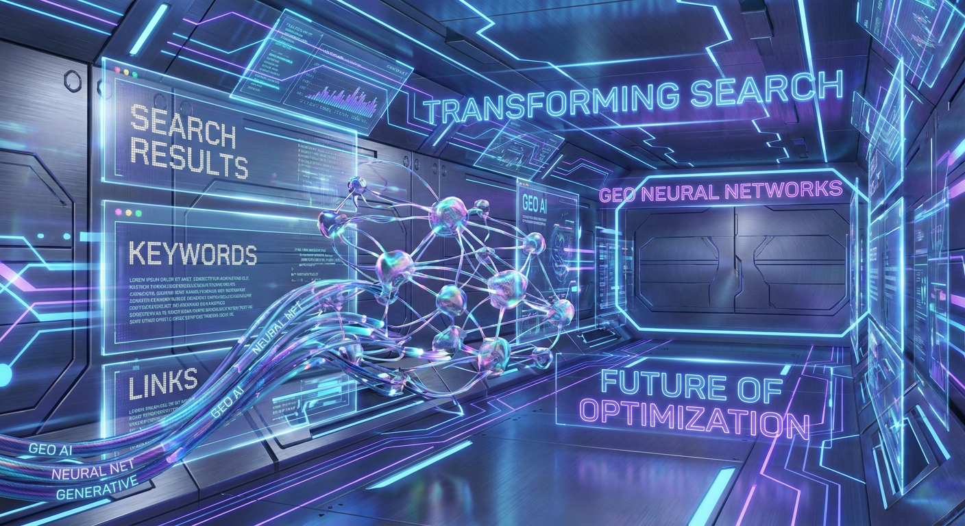 SEO vs GEO Generative Engine Optimization Concept showing traditional search rankings evolving into generative AI neural network answers